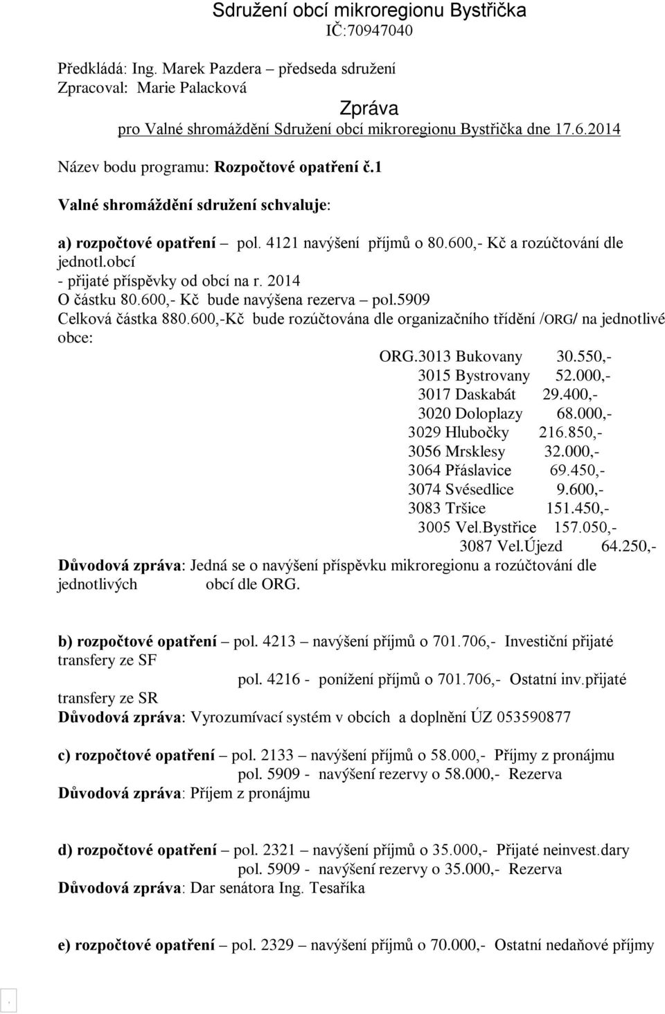 obcí - přijaté příspěvky od obcí na r. 2014 O částku 80.600,- Kč bude navýšena rezerva pol.5909 Celková částka 880.600,-Kč bude rozúčtována dle organizačního třídění /ORG/ na jednotlivé obce: ORG.