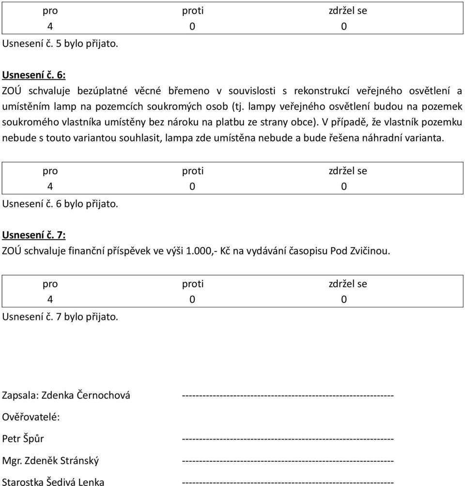 V případě, že vlastník pozemku nebude s touto variantou souhlasit, lampa zde umístěna nebude a bude řešena náhradní varianta. Usnesení č. 6 bylo přijato. Usnesení č. 7: ZOÚ schvaluje finanční příspěvek ve výši 1.