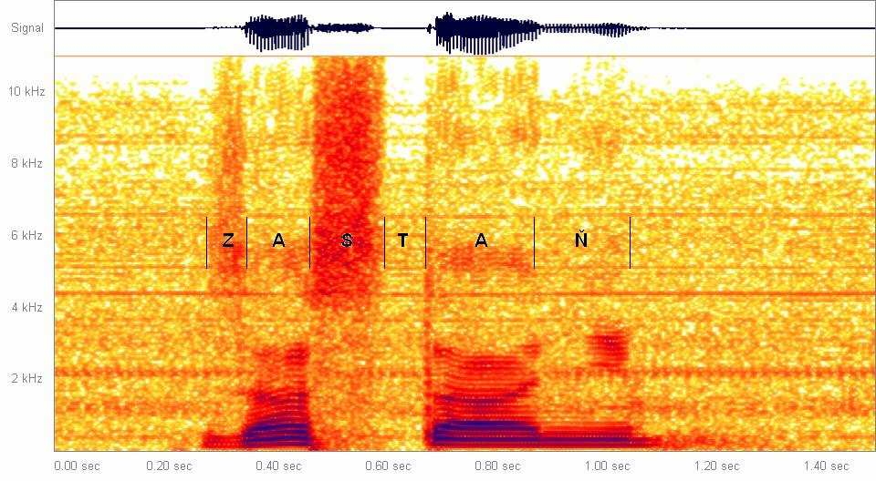 Obr. 6.12: Spektrogram slova zastav Slovo zastaň V tichých podmínkách bylo slovo zastaň s největší chybovostí. Na obrázku 6.13 je spektrogram slova zastaň.