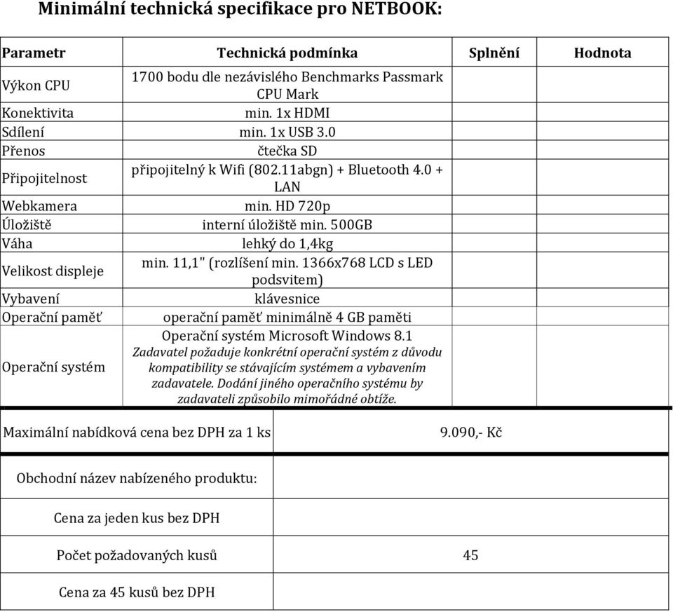 11,1" (rozlíšení min. 1366x768 LCD s LED podsvitem) Vybavení klávesnice Operační paměť operační paměť minimálně 4 GB paměti Operační systém Microsoft Windows 8.