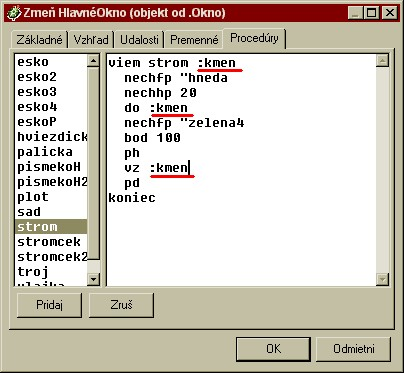 viem strom nechfp "hnedá nechhp 20 do 100 nechfp "zelená4 bod 100 ph vz 100 pd Nová definícia príkazu strom: viem strom :kmeň nechfp "hnedá nechhp 20 do :kmeň nechfp "zelená4 bod 100 ph vz :kmeň pd