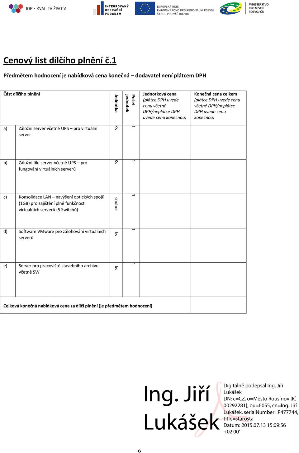 cenu knečnu) Knečná cena celkem (plátce DPH uvede cenu včetně DPH/neplátce DPH uvede cenu knečnu) a) Zálžní server včetně UPS pr virtuální server Ks b) Zálžní file server