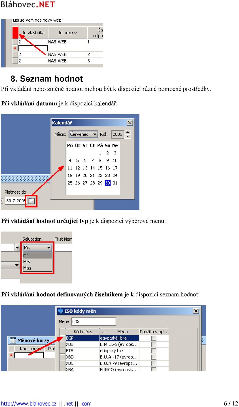 Při vkládání datumů je k dispozici kalendář: Při vkládání hodnot určující typ