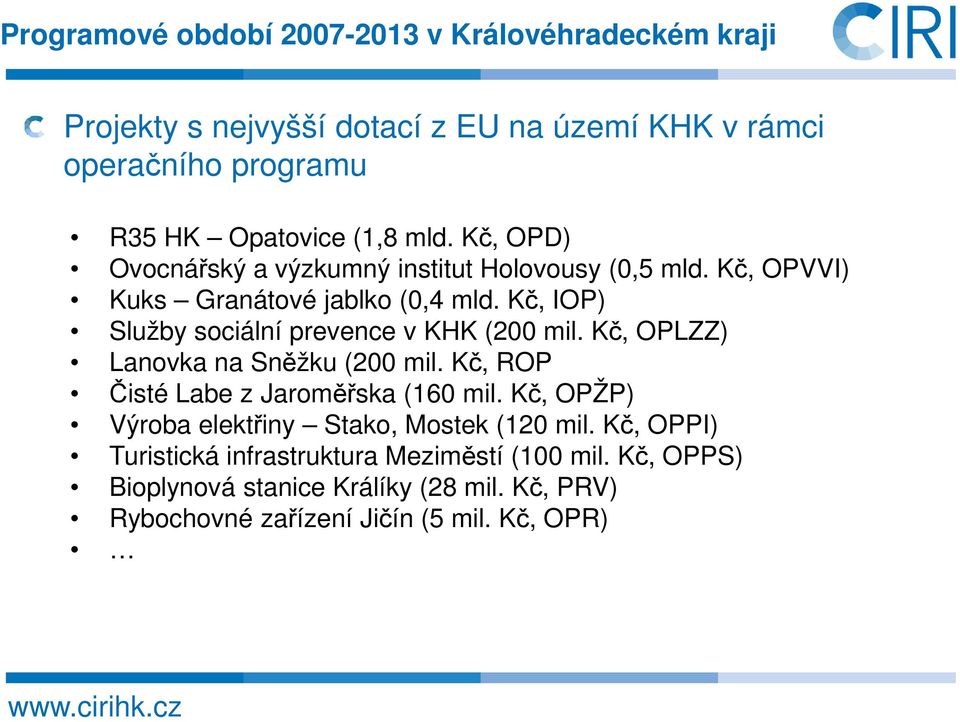 Kč, IOP) Služby sociální prevence v KHK (200 mil. Kč, OPLZZ) Lanovka na Sněžku (200 mil. Kč, ROP Čisté Labe z Jaroměřska (160 mil.