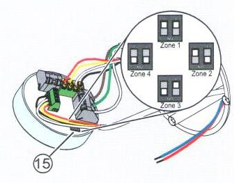 do pětipólové propojovací svorkovnice (4) umístěte kabely vedoucí od ventilátorů a to tak, že v každé svorkovnici budou umístěny žíly stejné barvy.