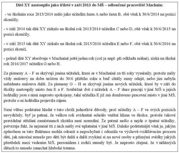 v Machníně je nadále neudržitelná, jakékoli prodlužování by se dále odrazilo na výchovně-vzdělávací prací dětí, což nesmíme jako zřizovatel a garant veřejné služby připustit.