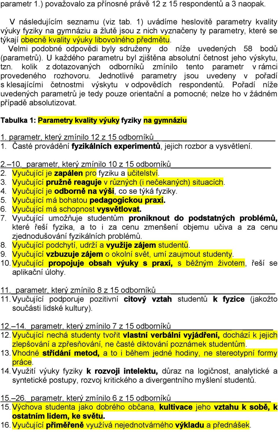 Velmi podobné odpovědi byly sdruženy do níže uvedených 58 bodů (parametrů). U každého parametru byl zjištěna absolutní četnost jeho výskytu, tzn.