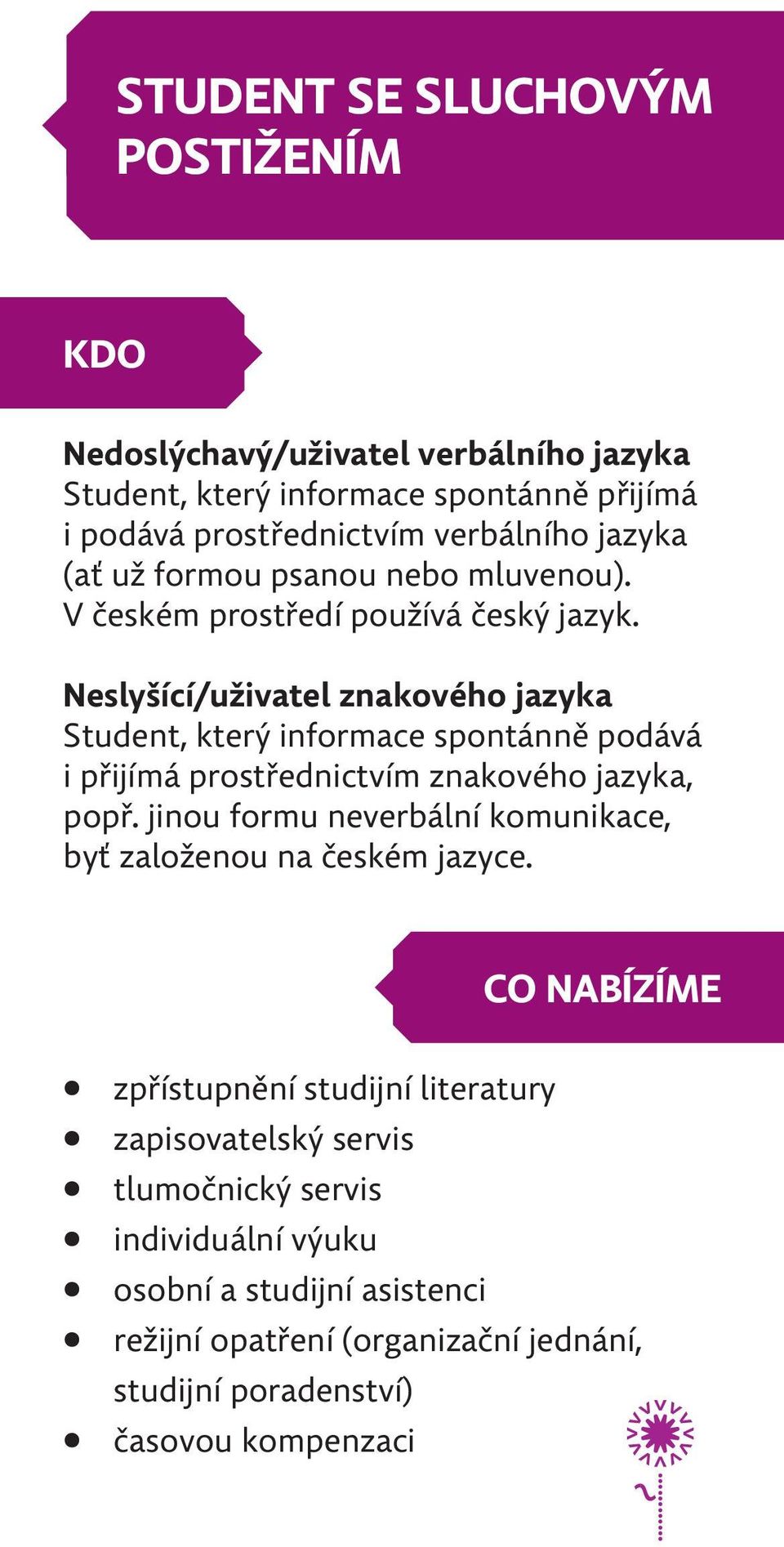 Neslyšící/uživatel znakového jazyka Student, který informace spontánně podává i přijímá prostřednictvím znakového jazyka, popř.