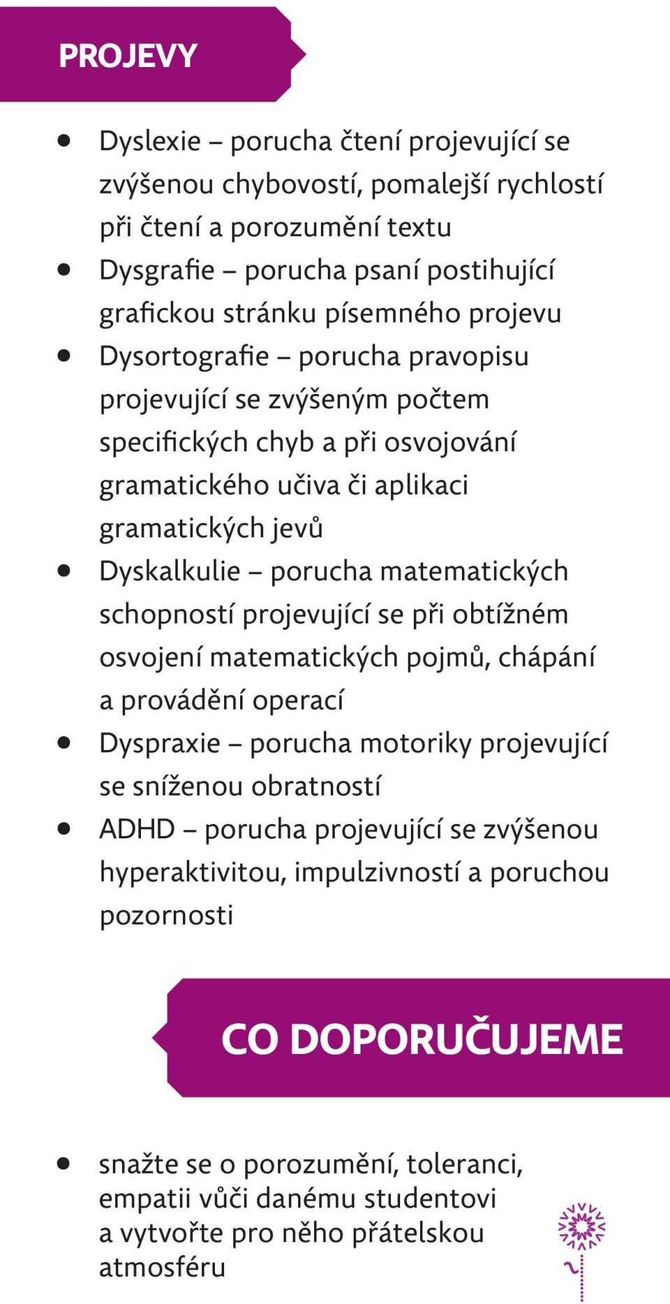 matematických schopností projevující se při obtížném osvojení matematických pojmů, chápání a provádění operací Dyspraxie porucha motoriky projevující se sníženou obratností ADHD