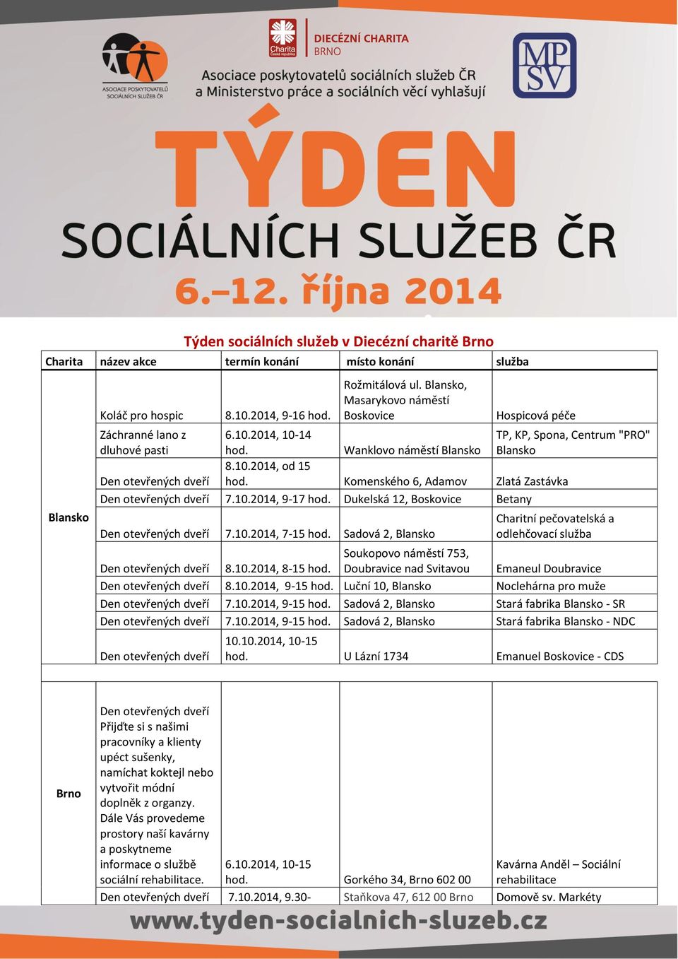 10.2014, 9-17 Dukelská 12, Boskovice Betany 7.10.2014, 7-15 Sadová 2, Blansko Charitní pečovatelská a odlehčovací služba 8.10.2014, 8-15 Soukopovo náměstí 753, Doubravice nad Svitavou Emaneul Doubravice 8.