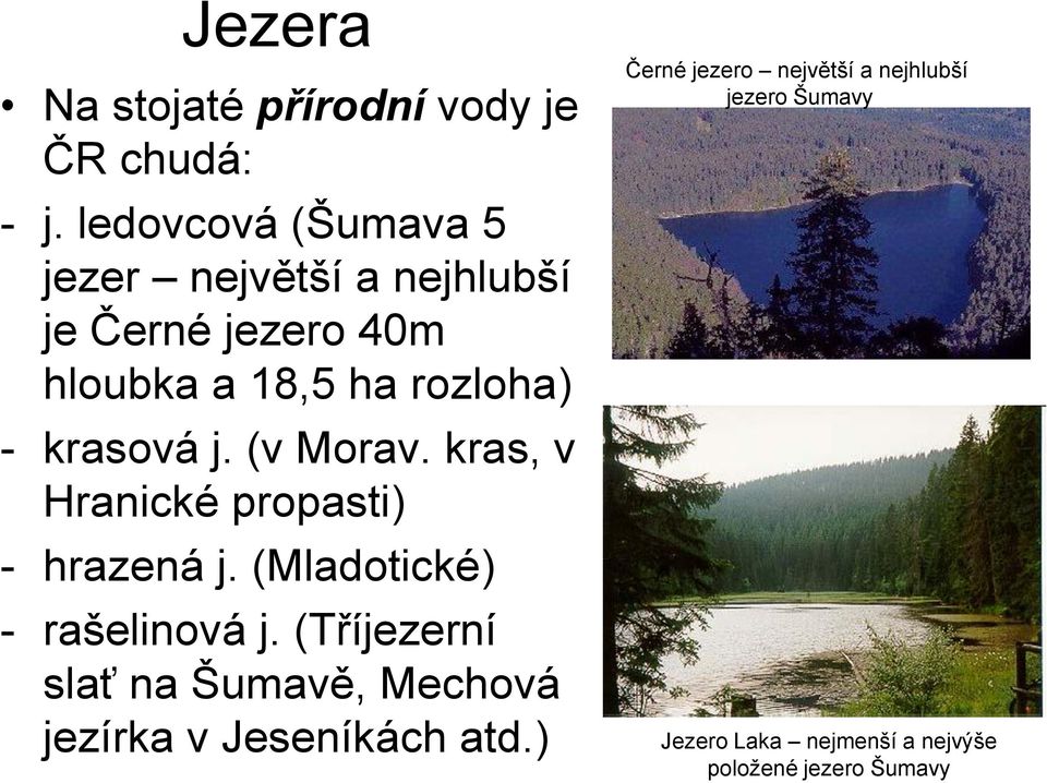 krasová j. (v Morav. kras, v Hranické propasti) - hrazená j. (Mladotické) - rašelinová j.