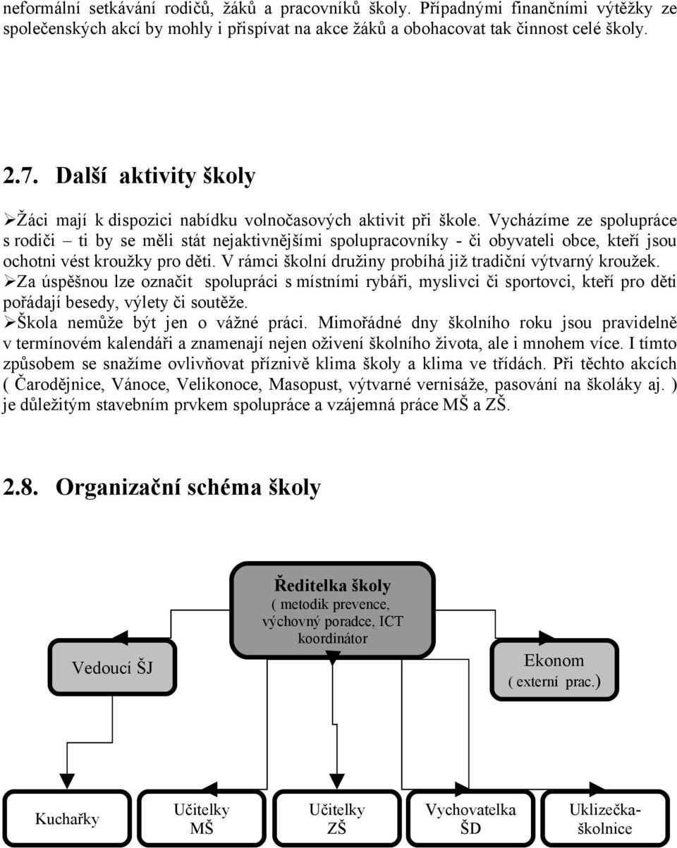 Vycházíme ze spolupráce s rodiči ti by se měli stát nejaktivnějšími spolupracovníky - či obyvateli obce, kteří jsou ochotni vést kroužky pro děti.