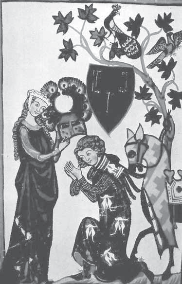 Obr. 9. Miniatura Rytíř Schenk z Limburgu a dáma z Codexu Manesse. Podle Kybalová 2001, 73. Abb. 9. Miniatur des Ritters Schenk von Limburg mit Dame aus dem Codex Manesse. Nach Kybalová 2001, 73.
