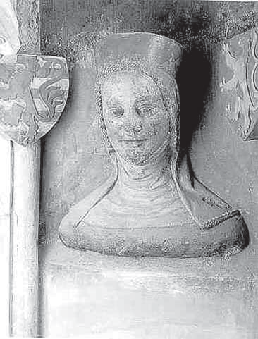 na pískovcové bustě Elišky Přemyslovny na triforiu katedrály sv. Víta, sv. Václava a sv. Vojtěcha, dílu Petra Parléře z roku 1375 (obr. 13).