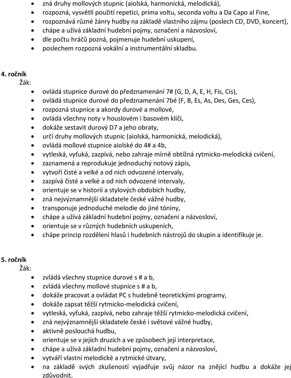 4. ročník ovládá stupnice durové do předznamenání 7# (G, D, A, E, H, Fis, Cis), ovládá stupnice durové do předznamenání 7bé (F, B, Es, As, Des, Ges, Ces), rozpozná stupnice a akordy durové a mollové,