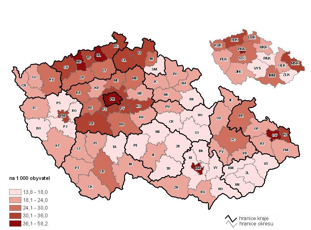 Příloha 68: Počet spáchaných trestných činů na 1000 obyvatel v ČR (okresy a kraje) Zdroj: databáze MV ČR 2.9.4.