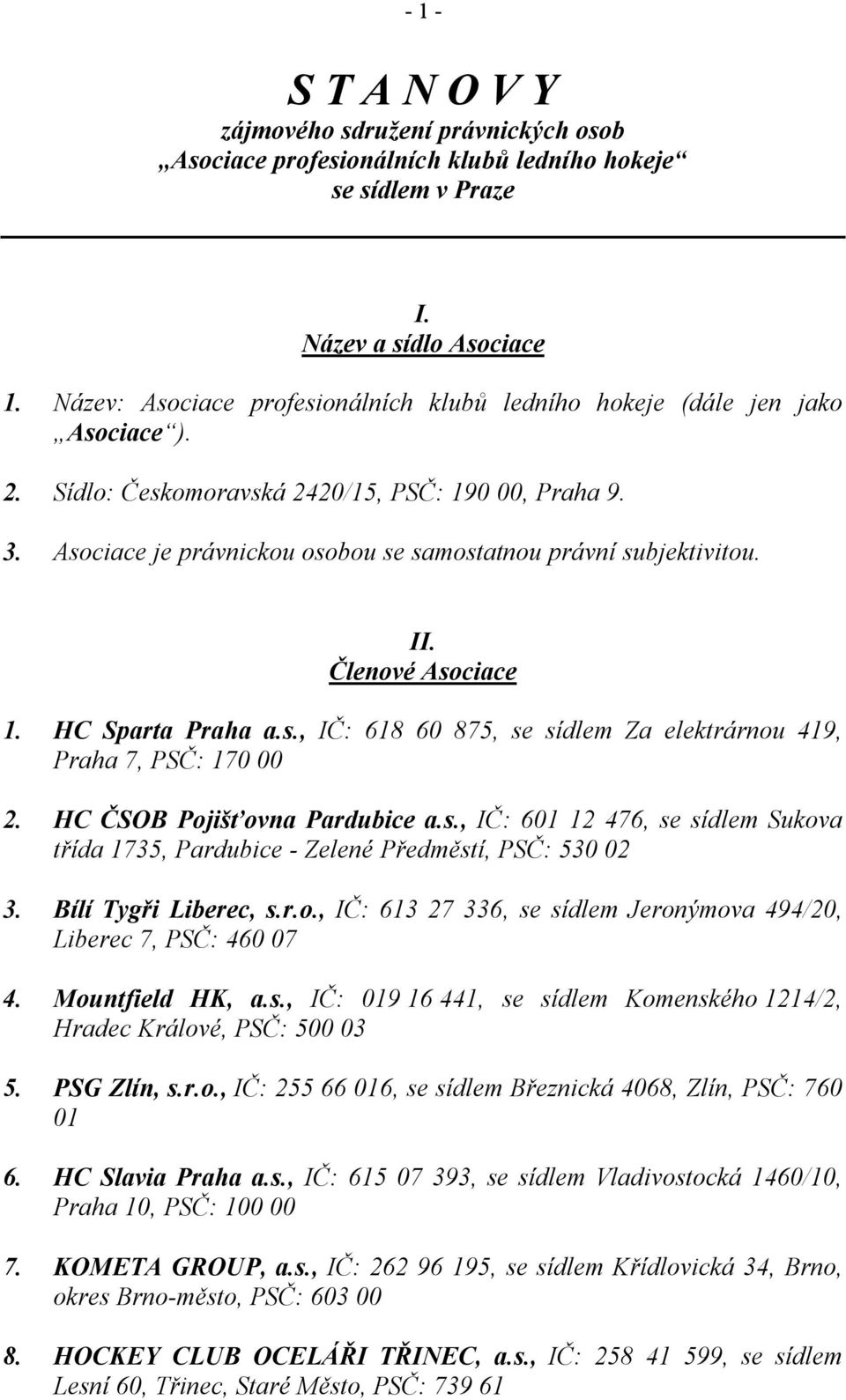 Asociace je právnickou osobou se samostatnou právní subjektivitou. II. Členové Asociace 1. HC Sparta Praha a.s., IČ: 618 60 875, se sídlem Za elektrárnou 419, Praha 7, PSČ: 170 00 2.