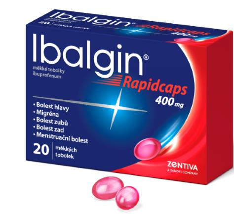 IBALGIN RAPIDCAPS 400 mg měkké tobolky Léčivá látka v tekuté formě: ibuprofenum 400 mg (ibuprofen rozpuštěný v hydrofilním rozpouštědle uvnitř želatinového obalu) Léková forma: měkké tobolky
