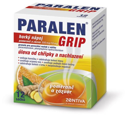 PARALEN GRIP horký nápoj pomeranč a zázvor 500 mg/10 mg Účinná látka: paracetamol 500 mg, fenylefrin 10 mg Indikace: Přípravek je určen k odstranění příznaků chřipky a akutních zánětů horních cest