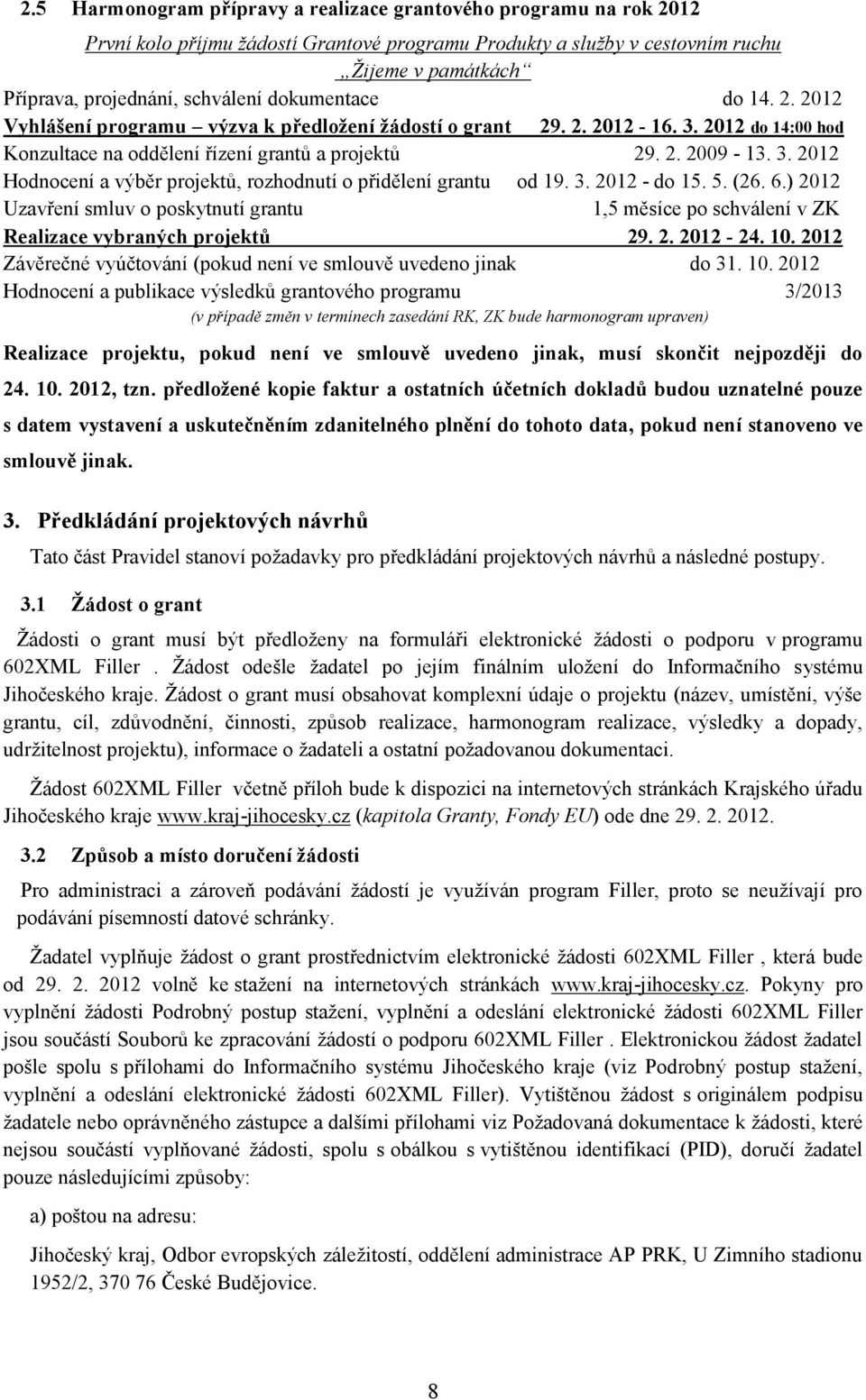 3. 2012 - do 15. 5. (26. 6.) 2012 Uzavření smluv o poskytnutí grantu 1,5 měsíce po schválení v ZK Realizace vybraných projektů 29. 2. 2012-24. 10.