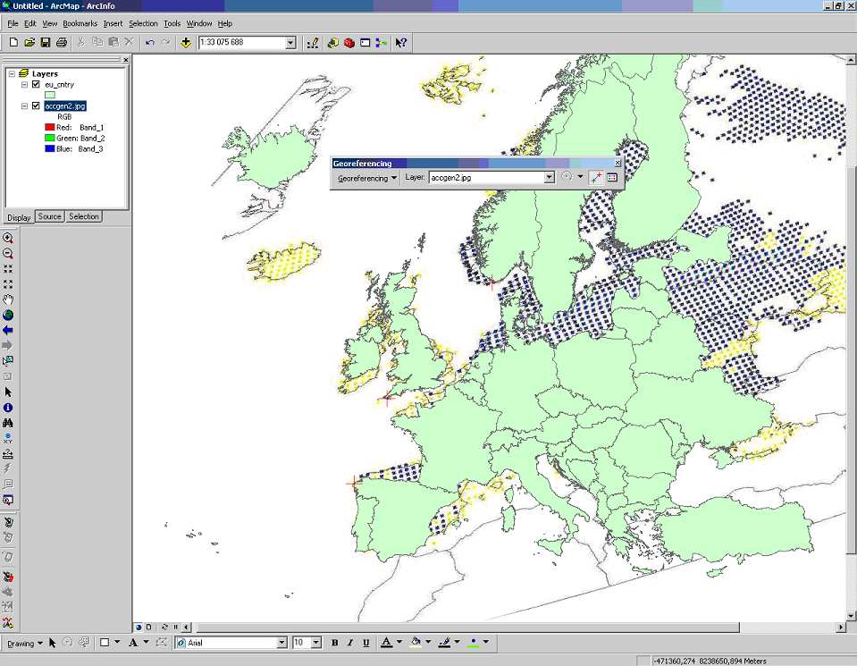 2.2.2 Provedení digitalizace Mapy z Klimatického atlasu hnízdního rozšíření ptáků v Evropě (Huntley et al. 2007) byly naskenovány ve stejném rozsahu a uloženy do formátu *.