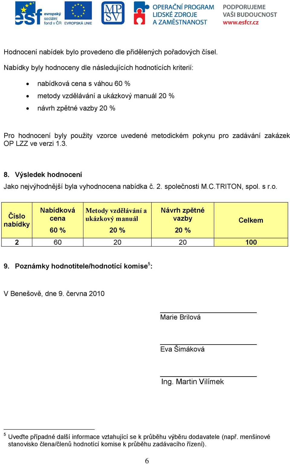 metodickém pokynu pro zadávání zakázek OP LZZ ve verzi 1.3. 8. Výsledek hodnocení Jako nejvýhodnější byla vyhodnocena nabídka č. 2. společnosti M.C.TRITON, spol. s r.o. Číslo nabídky Nabídková cena 60 % Metody vzdělávání a ukázkový manuál 20 % Návrh zpětné vazby 20 % Celkem 2 60 20 20 100 9.