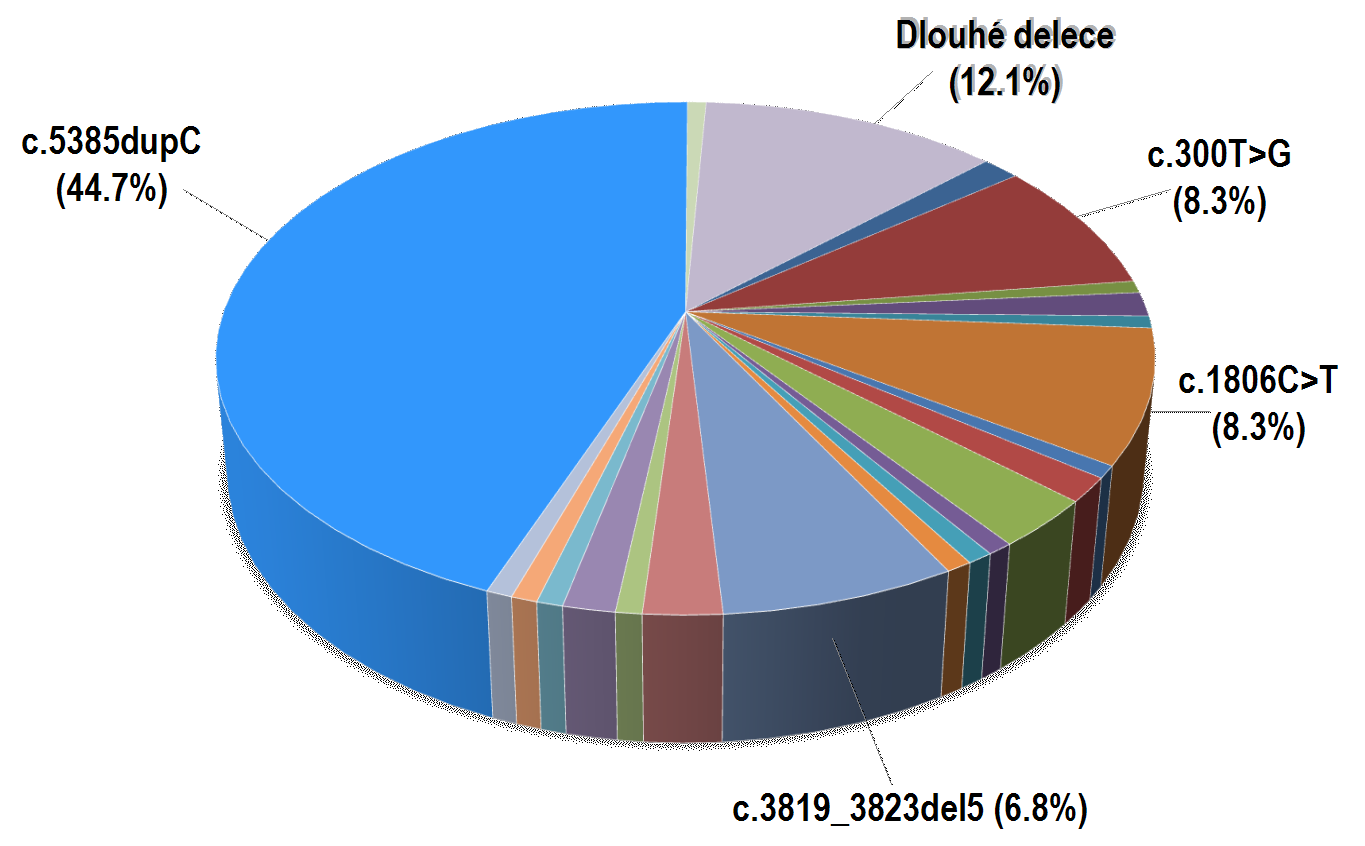 popsáno v literatuře. Častý výskyt jedinečných mutací je ve shodě s výsledky analýz z různých zemí [108,109]. Obrázek 21: Spektrum mutací genu BRCA1 v souboru 740 rizikových českých pacientů [100].
