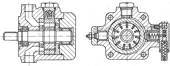 Strana 26 Obr. 6 - regulační lamelový hydrogenerátor s regulací na konstantní tlak Hydrogenerátor (obr. 6) má hydraulicky přitlačovaná čela.