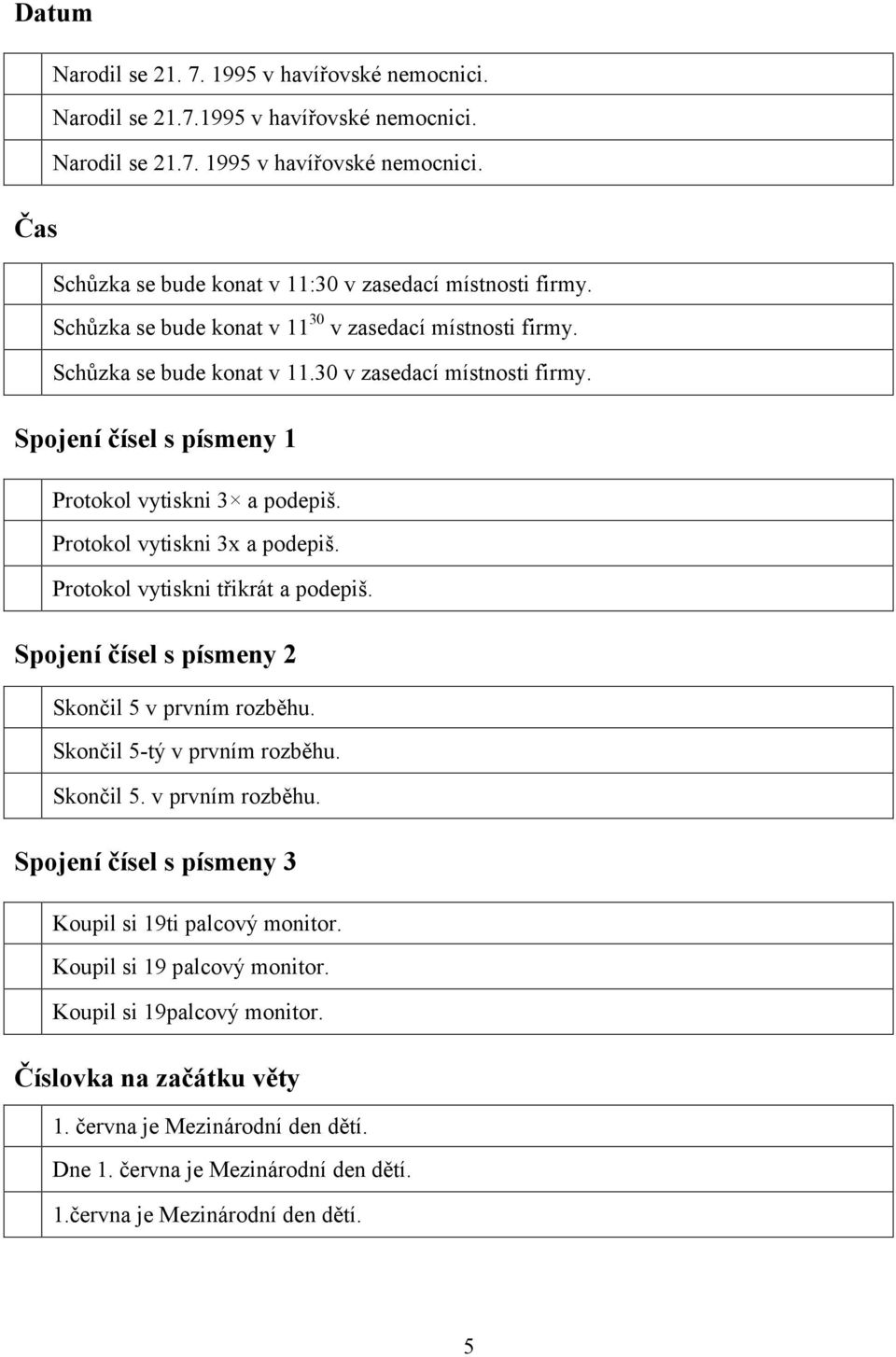 Protokol vytiskni 3x a podepiš. Protokol vytiskni třikrát a podepiš. Spojení čísel s písmeny 2 Skončil 5 v prvním rozběhu. Skončil 5-tý v prvním rozběhu. Skončil 5. v prvním rozběhu. Spojení čísel s písmeny 3 Koupil si 19ti palcový monitor.
