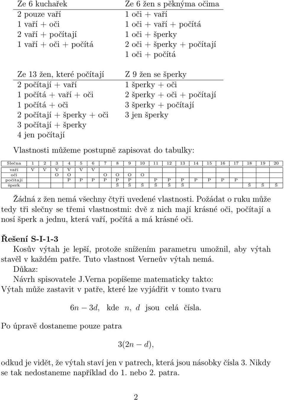 počítají + šperky 4 jen počítají Vlastnosti můžeme postupně zapisovat do tabulky: Slečna 1 2 3 4 5 6 7 8 9 10 11 12 13 14 15 16 17 18 19 20 vaří V V V V V V oči O O O O O O počítají P P P P P P P P P