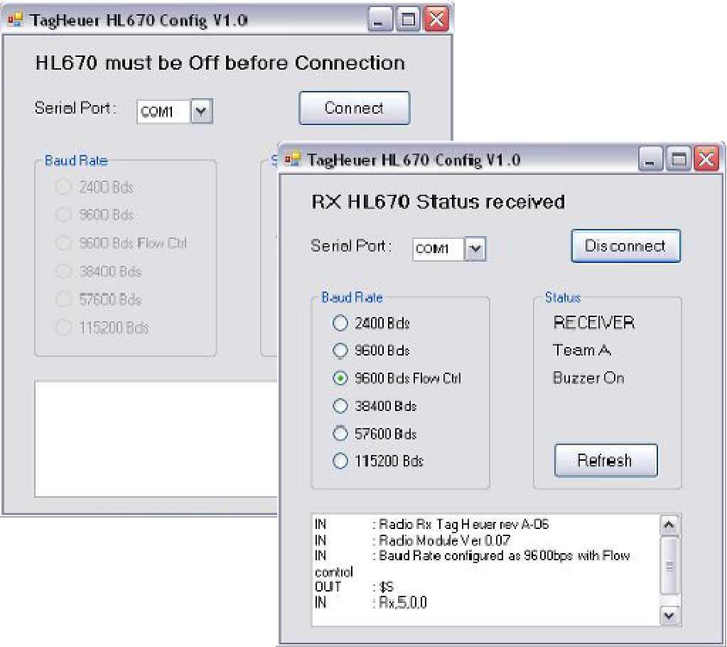 3. Systémové utility: konfigurace TAG Heuer HL675 Připojte zařízení (musí být vypnuté!) k počítači pomocí sériového kabelu HL605-10 (součást dodávky) a spusťte aplikaci.