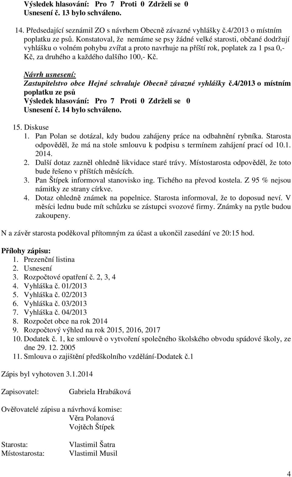 Zastupitelstvo obce Hejné schvaluje Obecně závazné vyhlášky č.4/2013 o místním poplatku ze psů Usnesení č. 14 bylo schváleno. 15. Diskuse 1.