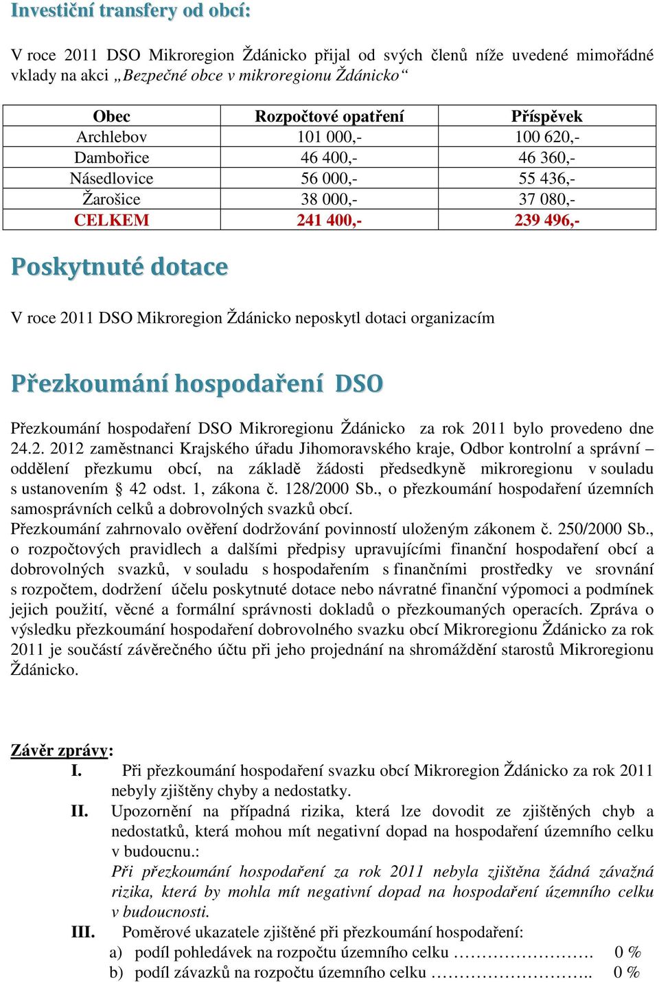 organizacím Přezkoumání hospodaření DSO Přezkoumání hospodaření DSO Mikroregionu Ždánicko za rok 21