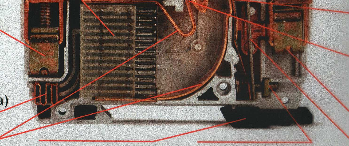 Miniaturní jistič (MCB Miniature Circuit Breaker) B1B 14 ZSP Elektrické přístroje NN Elektromagnetická spoušť Ovládací páčka Ukazatel stavu kontaktů Zámek volnoběžky Zhášecí komora Volnoběžka