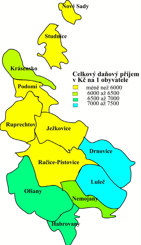 Obr. č. 3: Přehled daňových příjmů obcí mikroregionu Drahanská vrchovina v roce 2003 Přehled daňových příjmů mikroregionu Drahanská vrchovina v r.