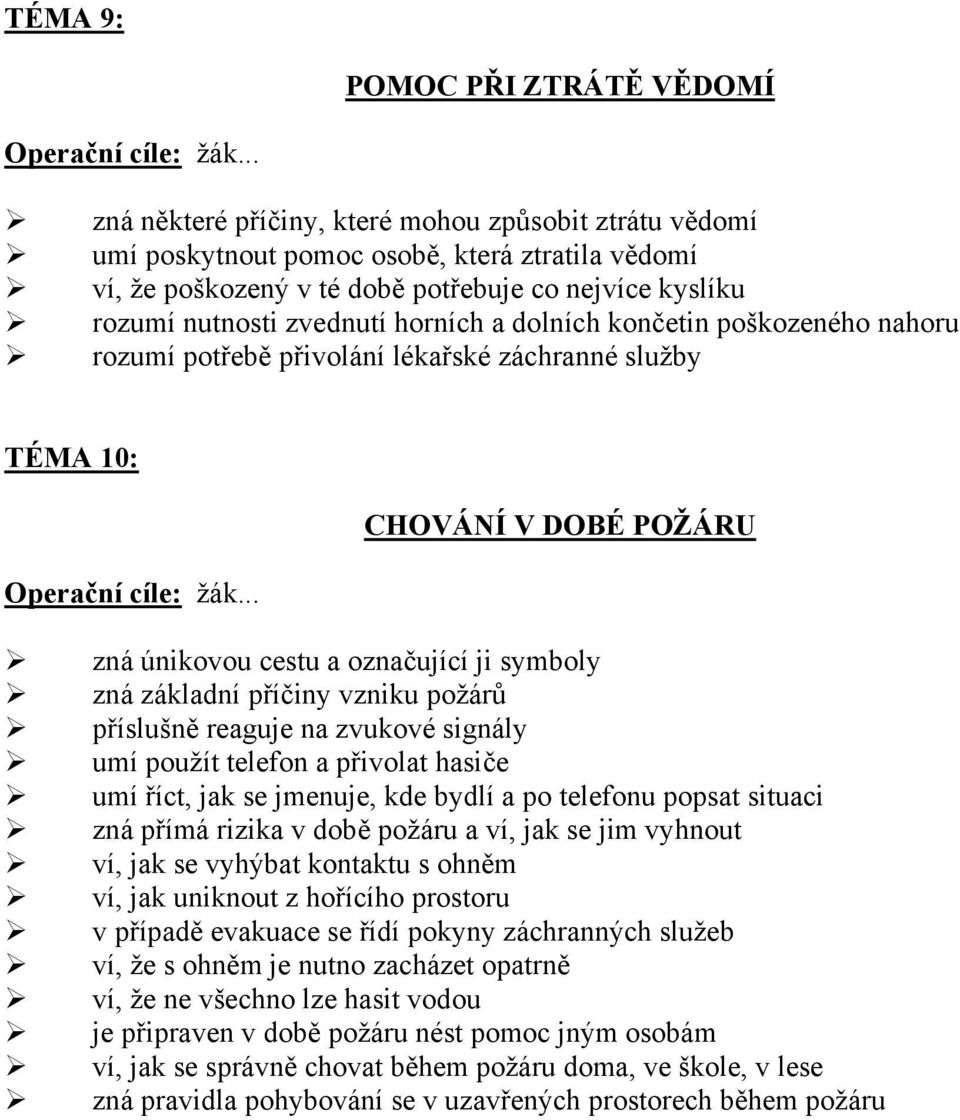 základní příčiny vzniku požárů příslušně reaguje na zvukové signály umí použít telefon a přivolat hasiče umí říct, jak se jmenuje, kde bydlí a po telefonu popsat situaci zná přímá rizika v době