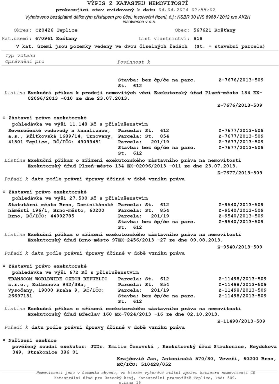 = stavební parcela) Z-7676/2013-509 Exekuční příkaz k prdeji nemvitých věcí Exekutrský úřad Plzeň-měst 134 EX- 02096/2013-010 ze dne 23.07.2013. Z-7676/2013-509 Zástavní práv exekutrské phledávka ve výši 11.