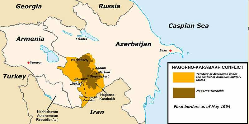 11) S pomocí mapek vysvětlete problém Náhorního Karabachu, Abcházie a Jižní Osetie: Obrázek 5: Konflikt v oblasti Náhorního Karabachu Zdroj: http://commons.