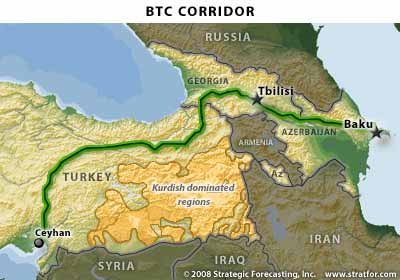 Slabá místa BTC Jižní Osetie (jen 40 km od ropovodu) oblast kontrolovaná Náhorním