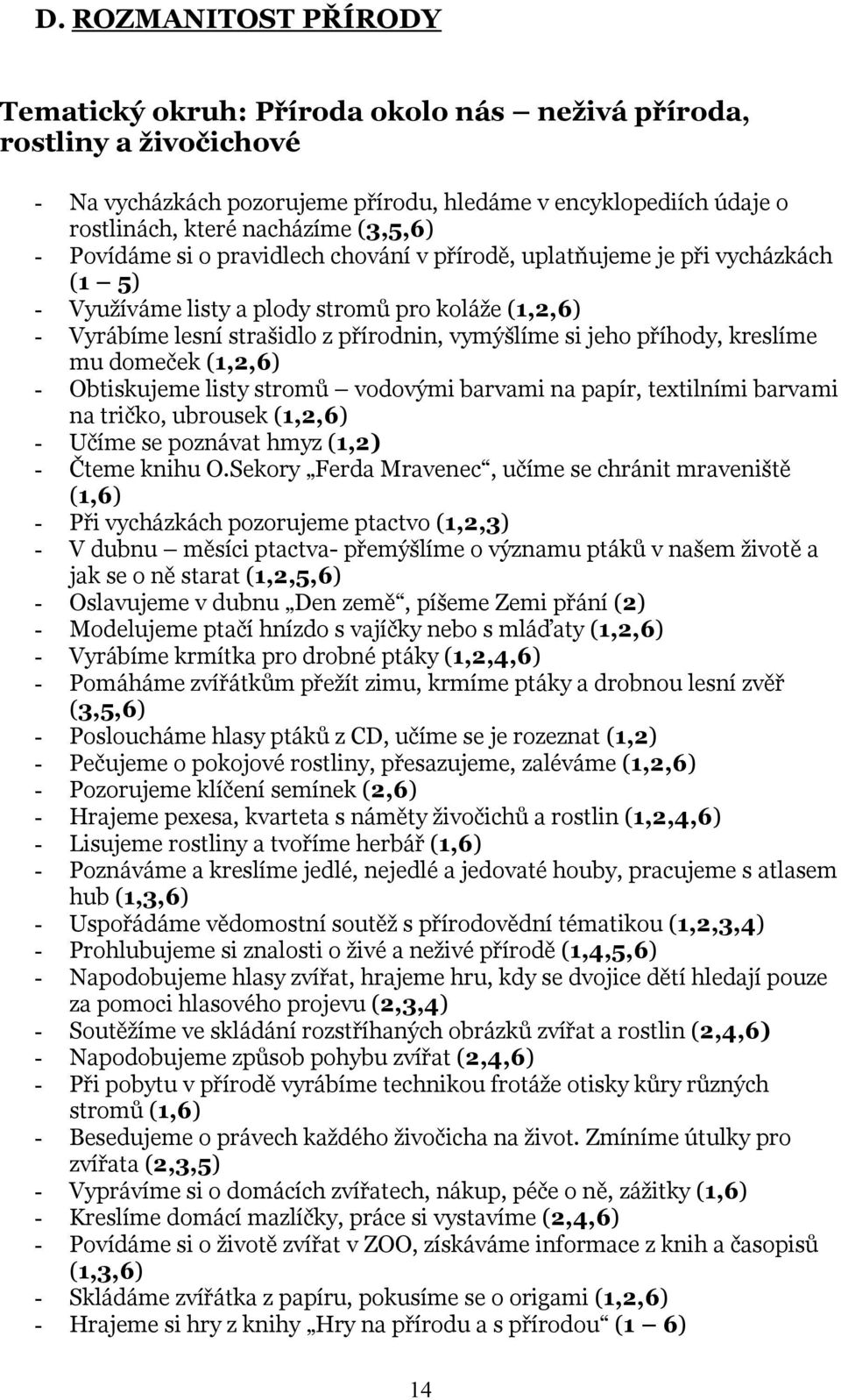 příhody, kreslíme mu domeček (1,2,6) - Obtiskujeme listy stromů vodovými barvami na papír, textilními barvami na tričko, ubrousek (1,2,6) - Učíme se poznávat hmyz (1,2) - Čteme knihu O.