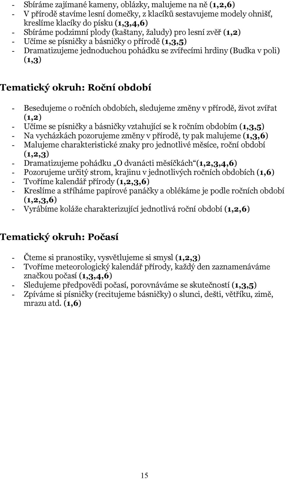 Besedujeme o ročních obdobích, sledujeme změny v přírodě, život zvířat (1,2) - Učíme se písničky a básničky vztahující se k ročním obdobím (1,3,5) - Na vycházkách pozorujeme změny v přírodě, ty pak