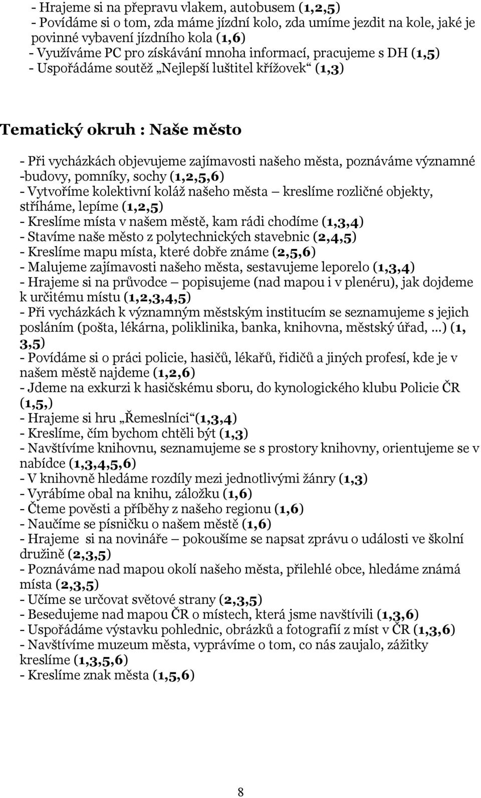 pomníky, sochy (1,2,5,6) - Vytvoříme kolektivní koláž našeho města kreslíme rozličné objekty, stříháme, lepíme (1,2,5) - Kreslíme místa v našem městě, kam rádi chodíme (1,3,4) - Stavíme naše město z