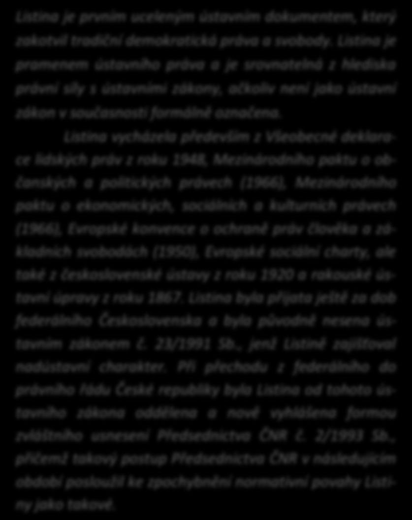 Listina základních práv a svobod je součást ústavního pořádku České republiky. Základní práva a svobody obsažené v Listině v zásadě vyjadřují vztah mezi státem a občanem.