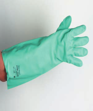 RUKAVICE chemické chemical GLOVES Sol Vex Nitril 0,56 mm, délka 45,5 cm, velurová úprava uvnitř, reliéfní povrch dlaně a prstů, barva zelená Nitril 0.56 mm, length 45.