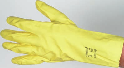 RUKAVICE chemické chemical GLOVES Universal Plus Přírodní latex, 0,4 mm, velurová úprava uvnitř, chlorované, reliéfní povrch dlaně, délka 30,5 cm, barva žlutá Natural latex, 0.