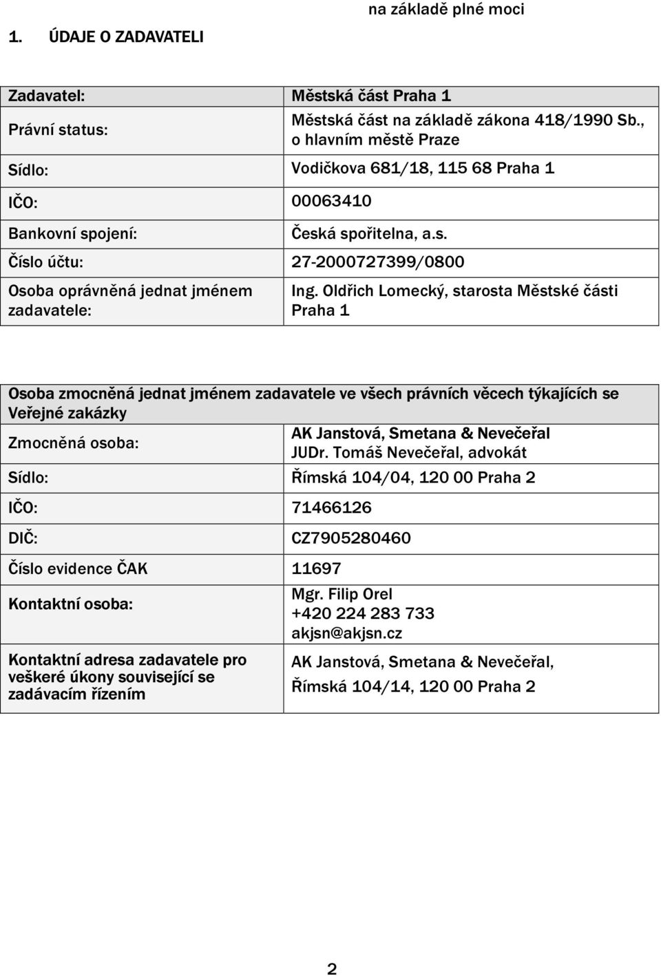 Oldřich Lomecký, starosta Městské části Praha 1 Osoba zmocněná jednat jménem zadavatele ve všech právních věcech týkajících se Veřejné zakázky AK Janstová, Smetana & Nevečeřal Zmocněná osoba: JUDr.