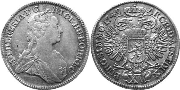 Jiří Müller ml. Zajímavý XV krejcar 1749 Praha Na jedné internetové aukci jsem objevil XV krejcar 1749 Marie Terezie z mincovny Praha se zajímavým opisem (obr. 1). Na rubní straně končil namísto M.MO.
