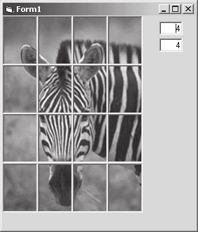 Skládaèka Obr 48 G15 VBP Co to dìlá: Naète vybraný obrázek (vybraný pomocí CommonDialog1), vytvoøí MxN komponent PictureBox obsahujících odpovídající èásti naèteného obrázku a tyto èásti dovolí