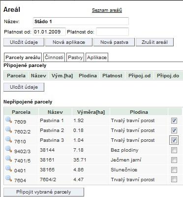 1 Kliknu zde. 2 Vyplním název, platnost a uložím. 3+4 Proklikem názvu areálu se dostanu na areál. Po výběru parcel zaškrtnutím je připojím. Klikem zde se dostanu na seznam areálů.