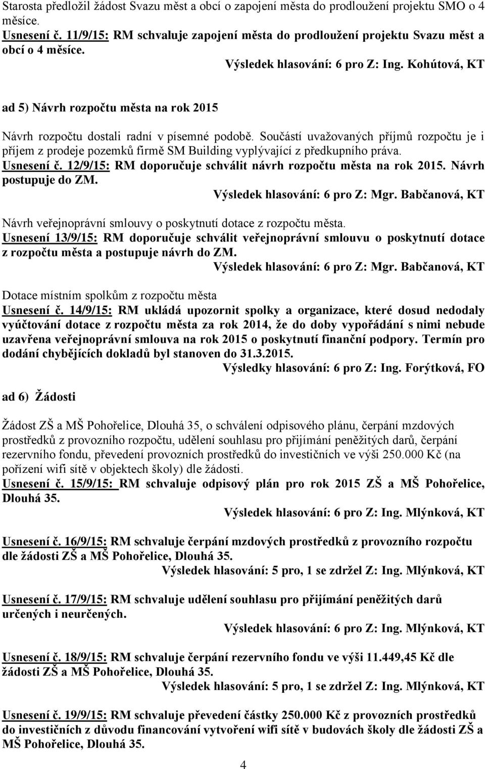 Kohútová, KT ad 5) Návrh rozpočtu města na rok 2015 Návrh rozpočtu dostali radní v písemné podobě.